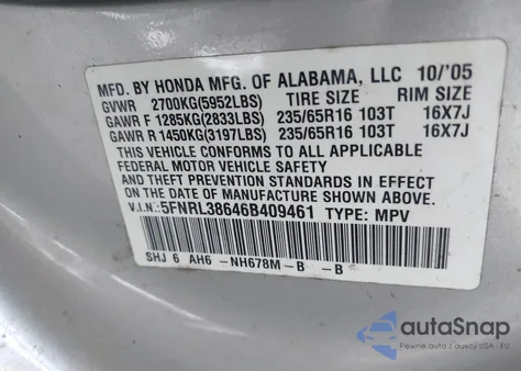 2006 Honda Odyssey Ex-L from USA, damaged, VIN 5FNRL38646B409461